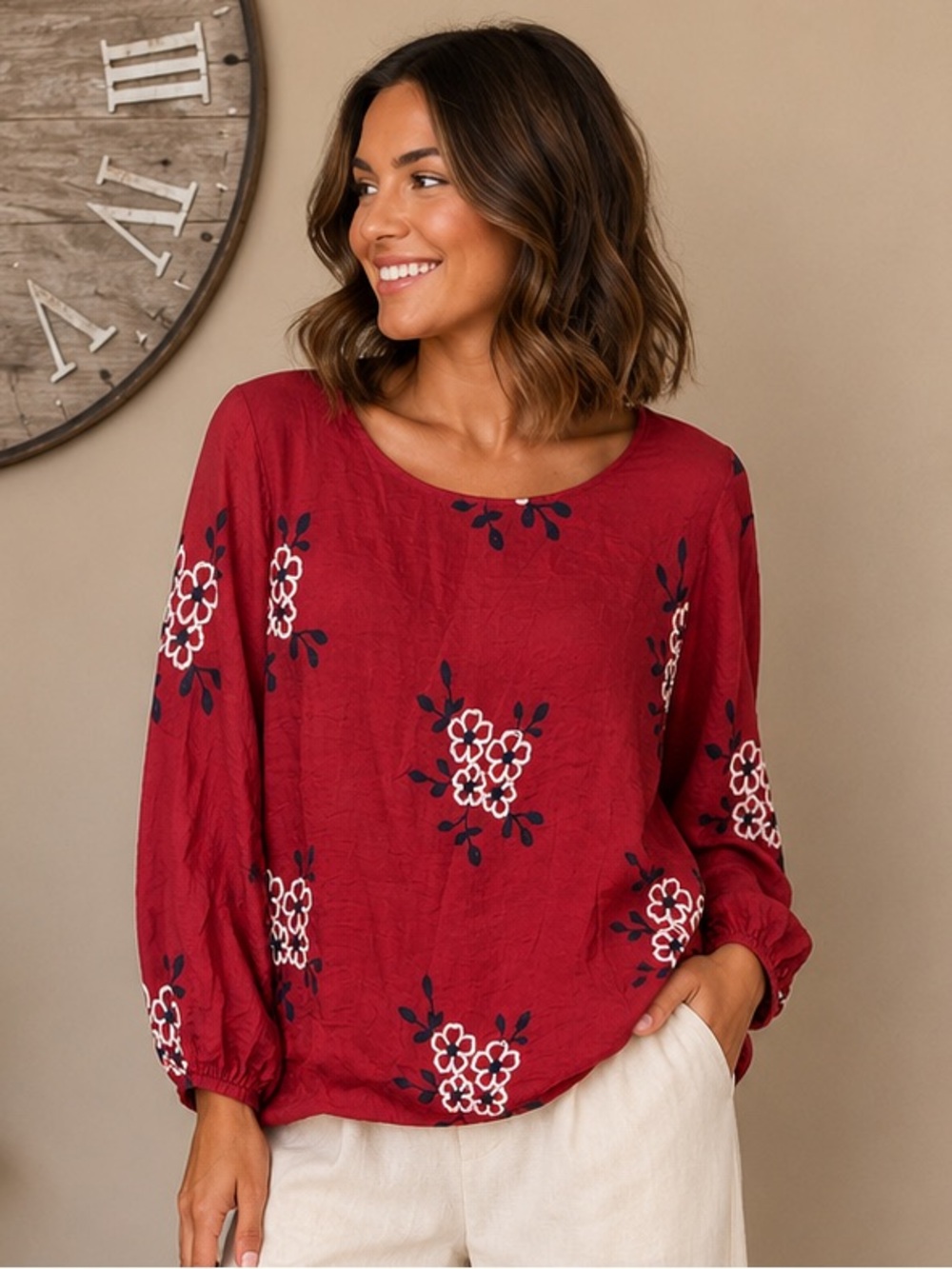 Kindred Crimson Floral Embroidered Tunic